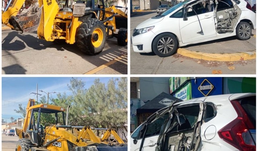 Conductor de retroexcavadora choca contra camioneta en Coatzacoalcos