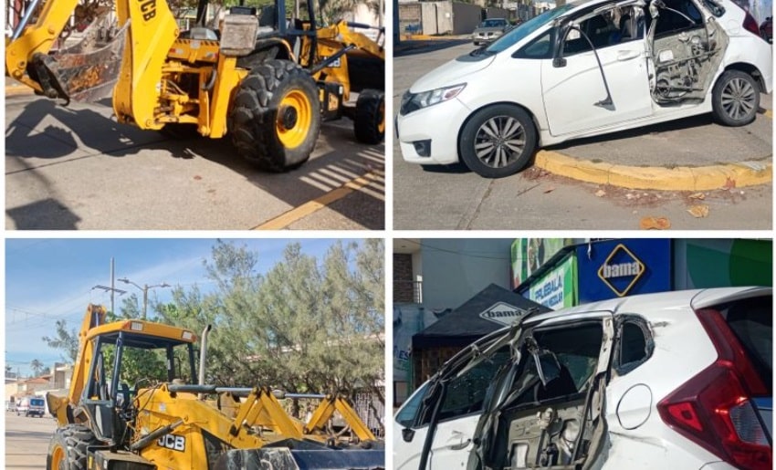 Conductor de retroexcavadora choca contra camioneta en Coatzacoalcos