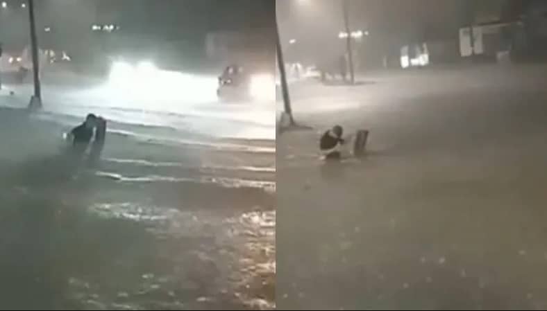 Hombre ingresa a registro pluvial en Coatzacoalcos durante tormenta